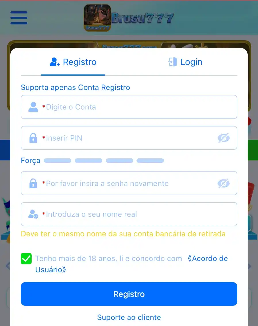 Formulário de registro no BRASA777